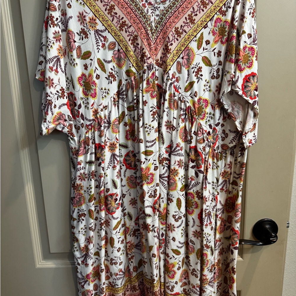 Floral V-Neck Boho Dress in White Pink & Mustard